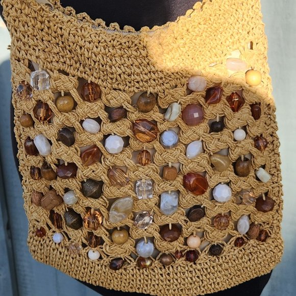 Cappelli Straworld 100% Paper Handbag With Decorative Stones Beads 11" By 11.5" - Picture 5 of 6